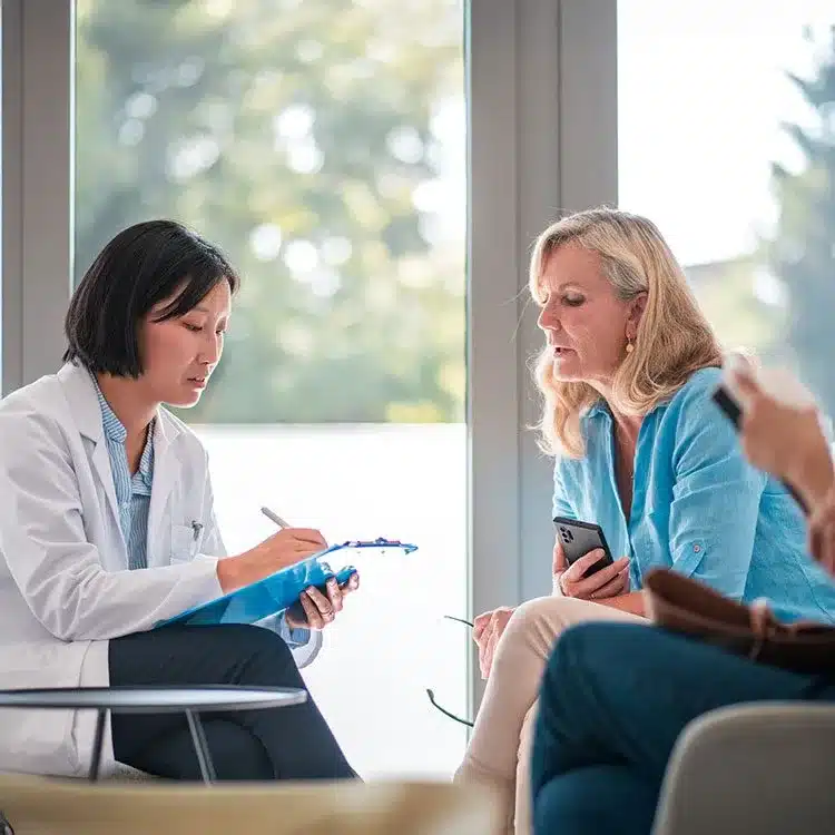Female patient with doctor in waiting room web