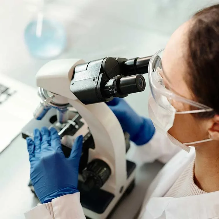 Female researcher using microscope web